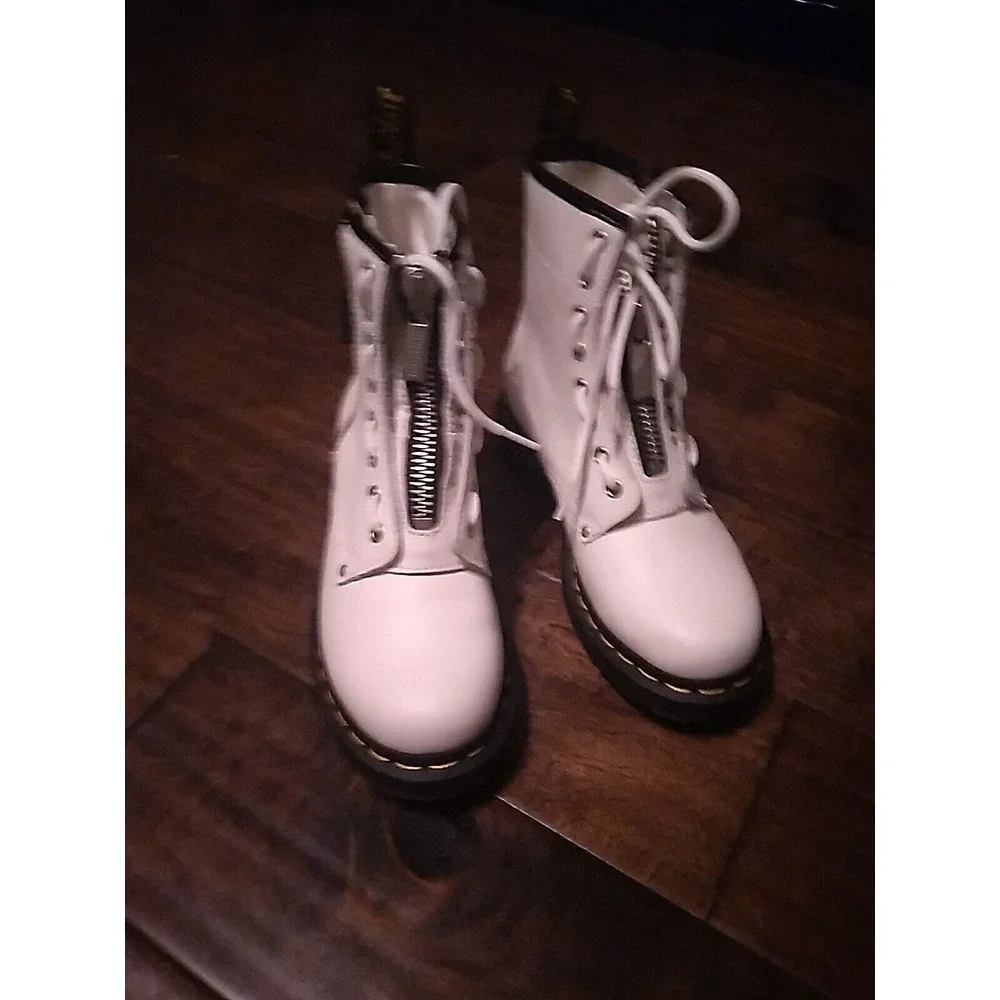 Dr. Martens Zip Front Leather Ankle Boots White Fashion Combat Boots‎